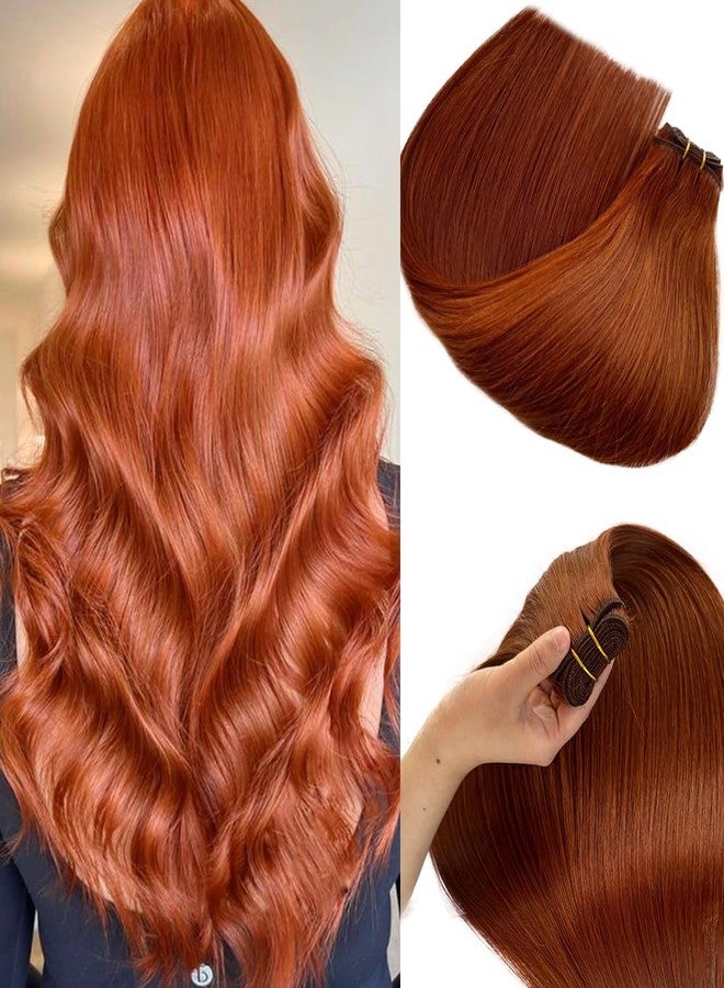 Smartinnov Copper Red Weft Hair Extensions, Double Weft Sew in Human Hair Extension for Women 16 Inch 100g Light Auburn Brown Hair Bundles Hand Tied Sew in for Adding Silky Straight New Red Ginger Color - Image 1